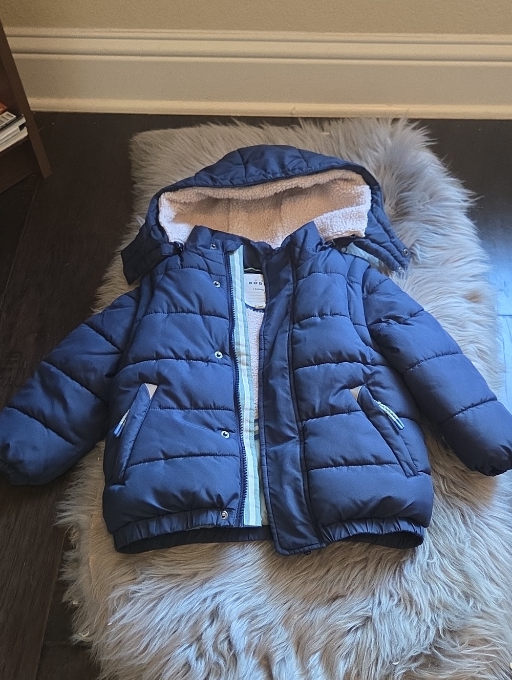 Mini Boden Toddler Boy Puffer Jacket With A Sherpa Lined Hood